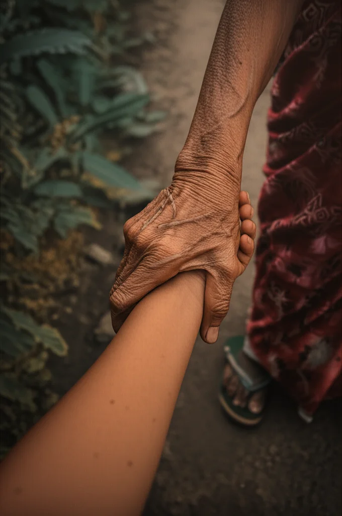 Due mani, una più anziana e rugosa che stringe delicatamente una mano più giovane, in un contesto rurale del Bangladesh. Simbolo di supporto familiare, perdita e continuità generazionale. Obiettivo macro 90mm, luce calda e soffusa, alto dettaglio sulle texture della pelle.