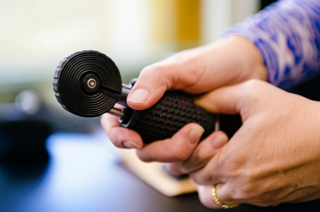 Primo piano di un dinamometro portatile mentre viene stretto da una mano di una persona anziana, luce controllata, obiettivo macro 90mm, alta definizione per mostrare la texture della pelle e lo strumento.