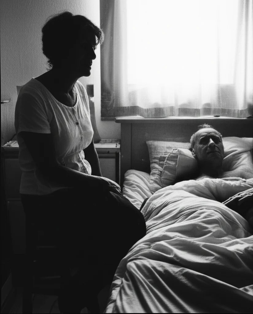 Scatto interno con obiettivo 50mm, una donna di mezza età dall'aspetto stanco siede accanto al letto di un partner anziano, luce soffusa dalla finestra, atmosfera intima ma preoccupata, bianco e nero film.