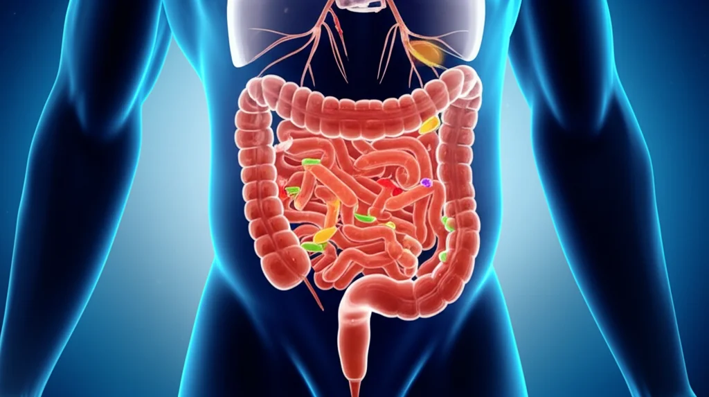 Visualizzazione artistica dell'asse intestino-cervello, con neuroni luminosi che si collegano a un intestino stilizzato pieno di batteri colorati. Obiettivo macro 100mm, alta definizione, illuminazione suggestiva per evidenziare la connessione.