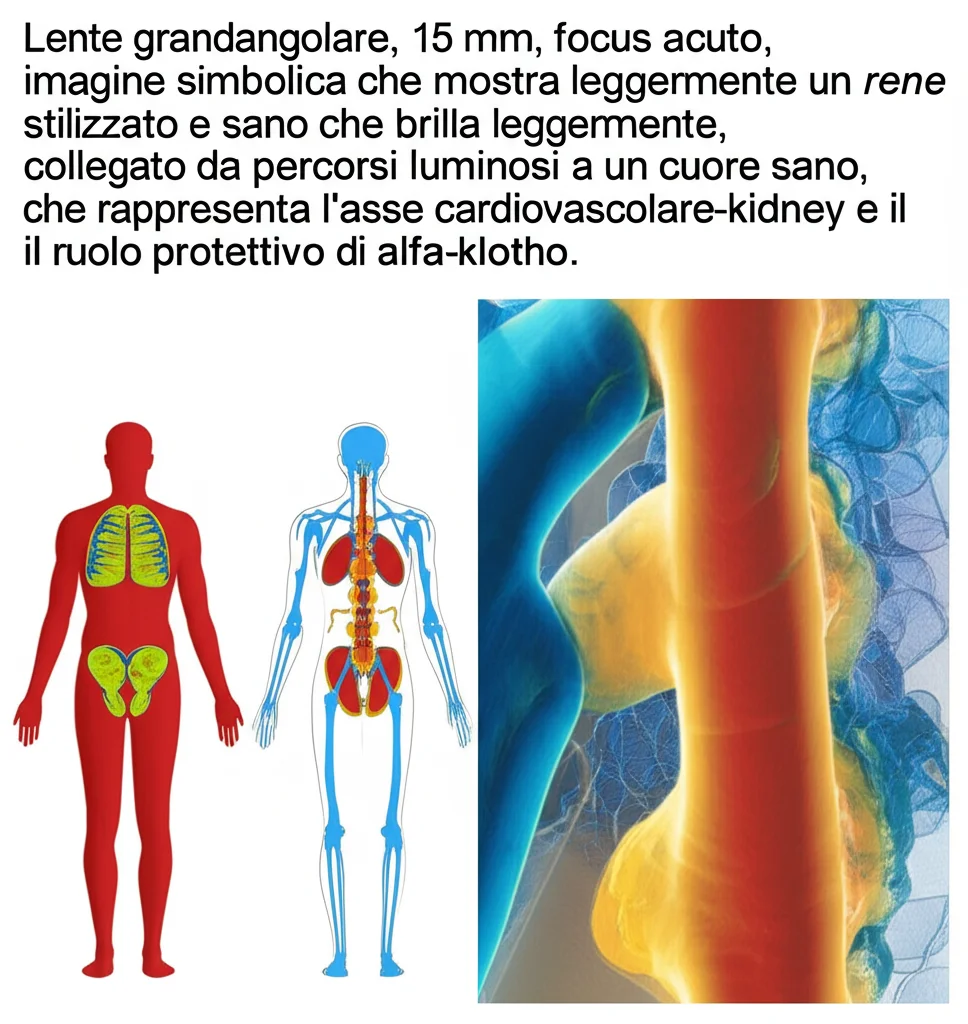 Lente grandangolare, 15 mm, focus acuto, immagine simbolica che mostra leggermente un rene stilizzato e sano che brilla leggermente, collegato da percorsi luminosi a un cuore sano, che rappresenta l'asse cardiovascolare-kidney e il ruolo protettivo di alfa-klotho.
