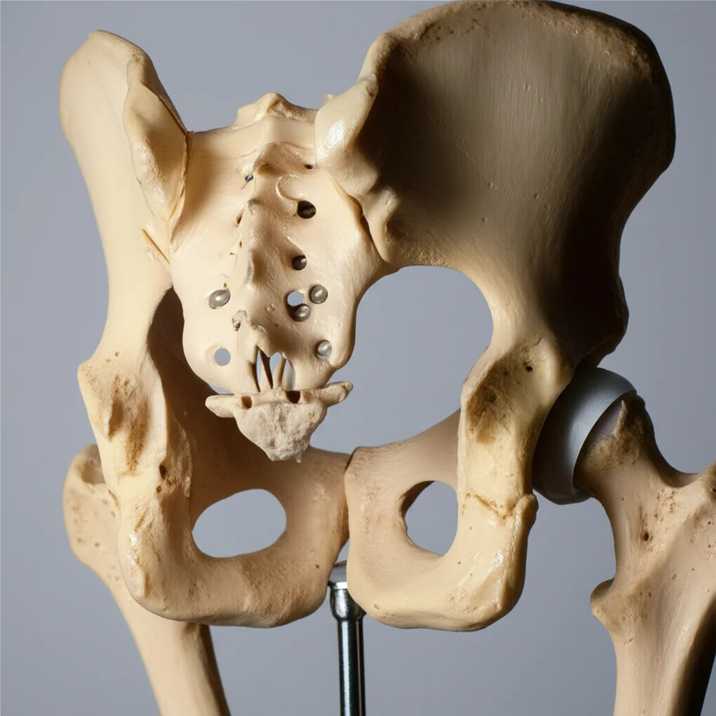 Immagine macro di un modello anatomico del bacino umano che mostra una frattura complessa di tipo Tile C, illuminazione controllata per evidenziare i dettagli della struttura ossea e della frattura, obiettivo macro 90mm, alta definizione.