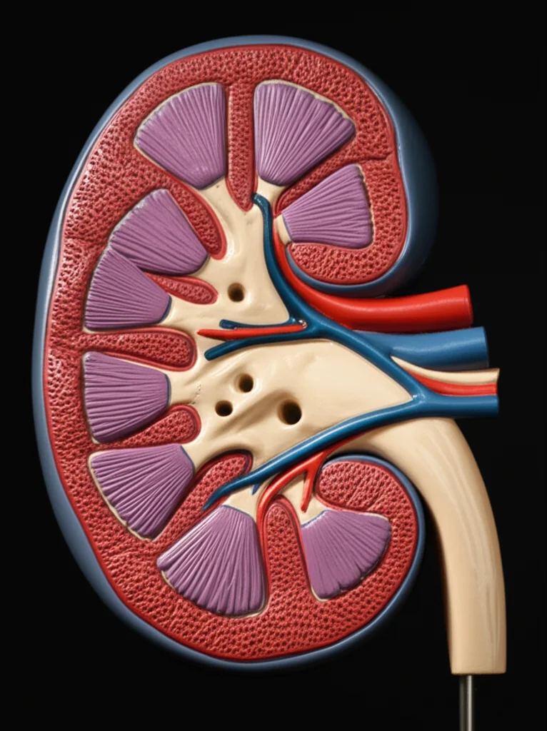 Fotografia macro di un rene umano stilizzato o modello anatomico, illuminazione controllata per evidenziare la struttura, 80mm Macro lens, high detail, sfondo scuro per contrasto.