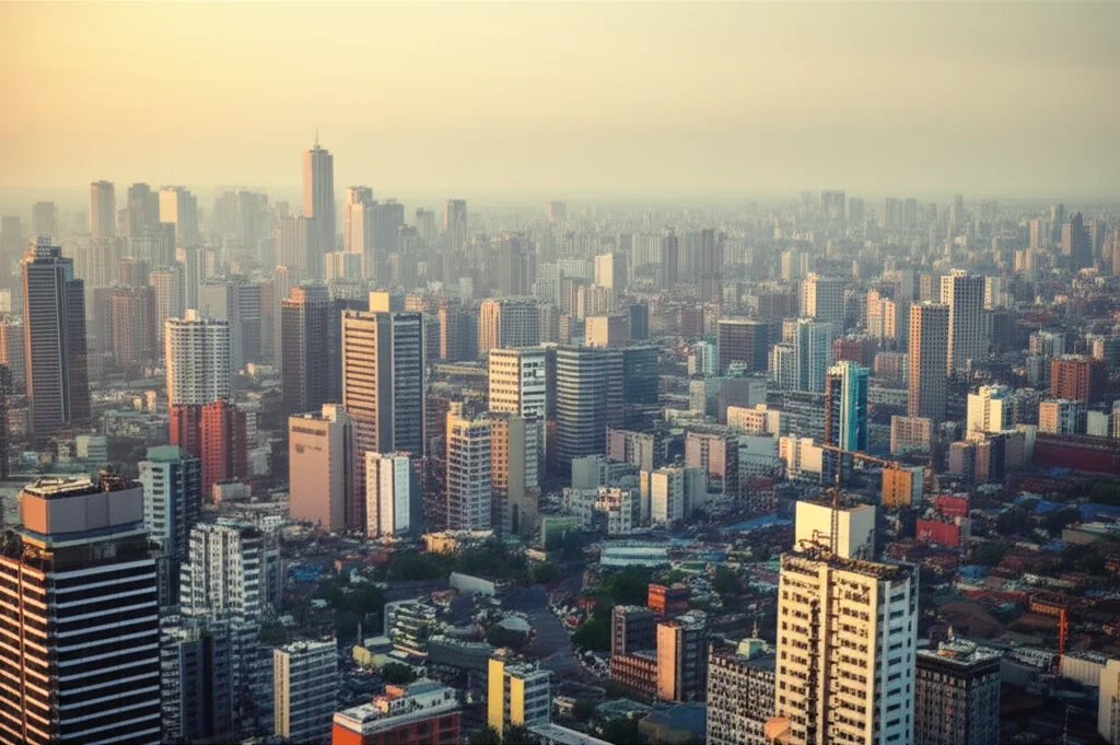 Fotografia grandangolare di un paesaggio urbano denso durante un'ondata di calore, con l'aria visibilmente tremolante per il caldo, effetto foschia, wide-angle 18mm, long exposure per sfocare leggermente il traffico e accentuare l'immobilità del caldo.
