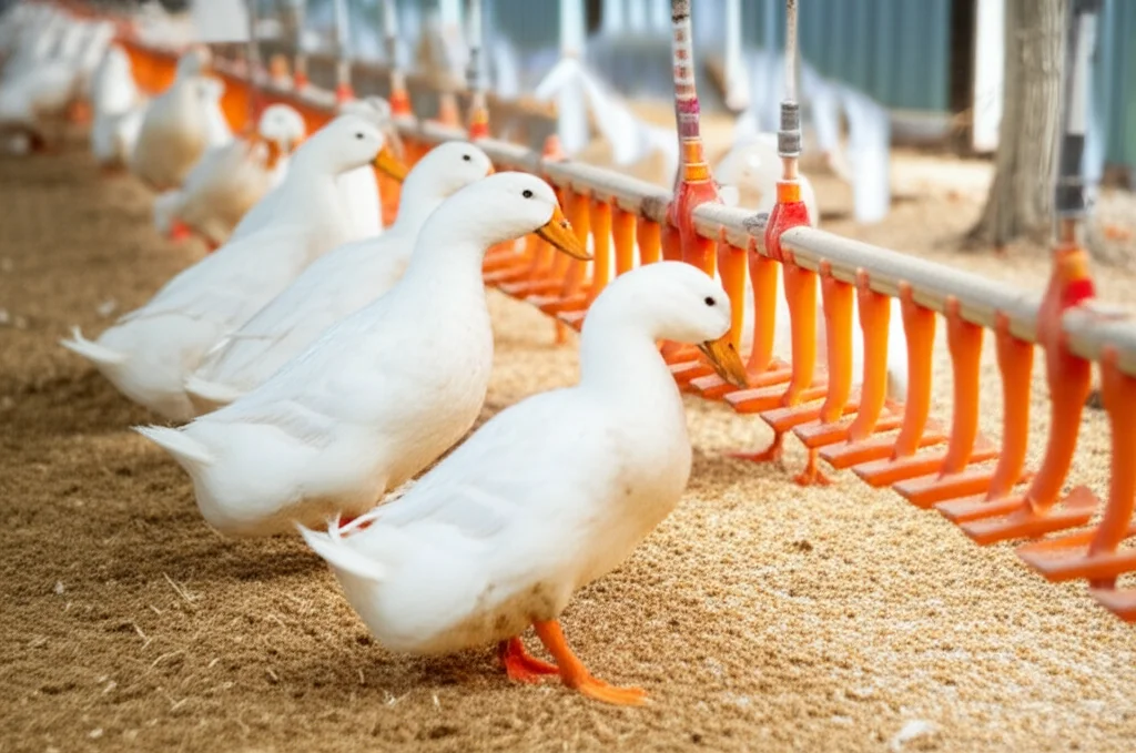 Fotografia di anatre Cherry Valley bianche in un recinto pulito con lettiera di paglia, alcune si abbeverano da nippli automatici. Ripresa con obiettivo zoom 24-70mm per una visione d'insieme dell'ambiente di allevamento, luce naturale filtrata da finestre, focus sulle interazioni degli animali.