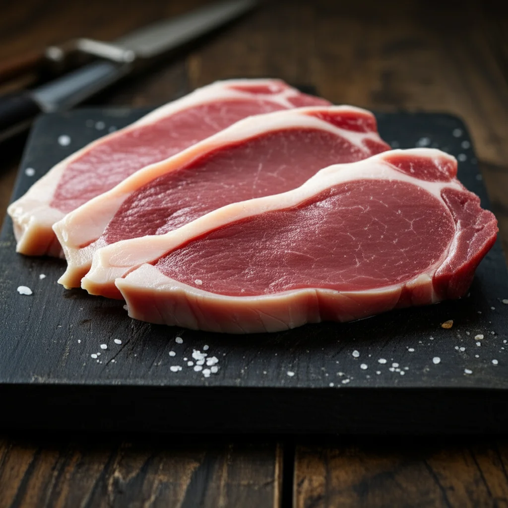 Fotografia still life di carne di petto e coscia d'anatra cruda su un tagliere di metallo igienico. Obiettivo macro 100mm, illuminazione da studio precisa e controllata per evidenziare la texture della carne, il colore rosso vivo del muscolo e il bianco del grasso, alto dettaglio, focus sulle differenze visive tra petto e coscia.