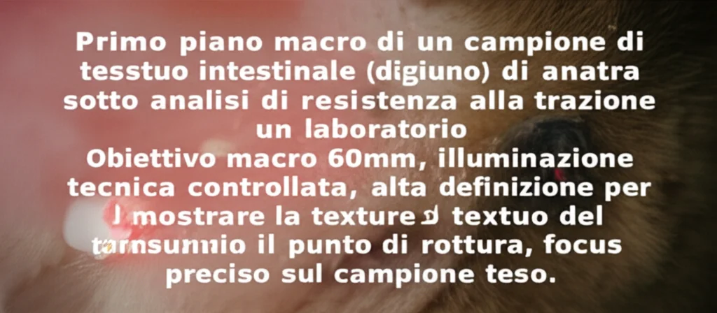 Primo piano macro di un campione di tessuto intestinale (digiuno) di anatra sotto analisi di resistenza alla trazione in un laboratorio. Obiettivo macro 60mm, illuminazione tecnica controllata, alta definizione per mostrare la texture del tessuto e il punto di rottura, focus preciso sul campione teso.