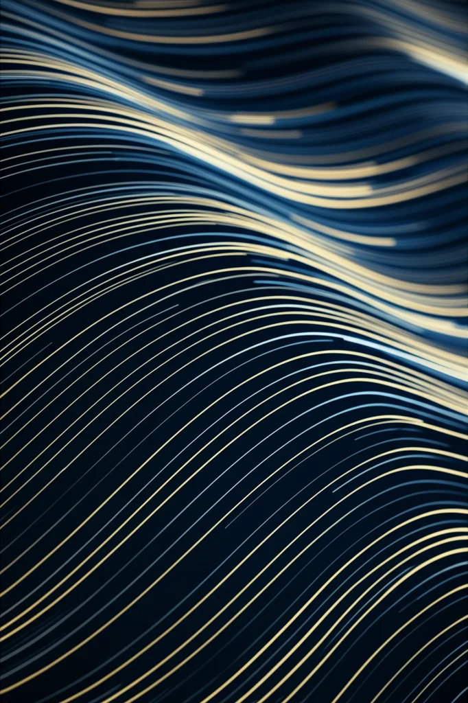 Visualizzazione astratta di flussi di dati scientifici caotici su uno sfondo scuro, con deboli ma distinte onde sinusoidali emergenti dal caos, illuminate da una luce soffusa. Wide-angle, long exposure, smooth flowing lines representing data streams, sharp focus on emerging periodic wave patterns, duotone dark blue and subtle gold.