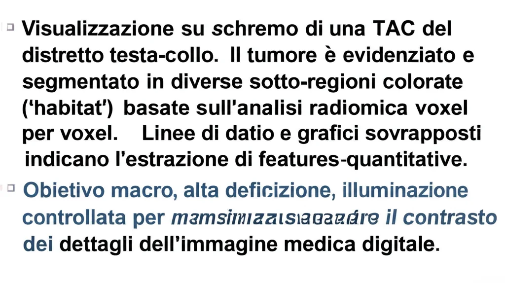 Visualizzazione su schermo di una TAC del distretto testa-collo. Il tumore primario è evidenziato e segmentato in diverse sotto-regioni colorate ('habitat') basate sull'analisi radiomica voxel per voxel. Linee di dati e grafici sovrapposti indicano l'estrazione di features quantitative. Obiettivo macro 80mm, alta definizione, illuminazione controllata per massimizzare il contrasto dei dettagli dell'immagine medica digitale.