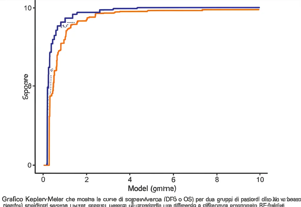 Grafico Kaplan-Meier che mostra le curve di sopravvivenza (DFS o OS) per due gruppi di pazienti (alto rischio vs basso rischio) stratificati secondo il modello radiomico RF-habitat. Le curve sono chiaramente separate, indicando una differenza prognostica significativa. Stile grafico scientifico pulito, colori contrastanti per le curve.