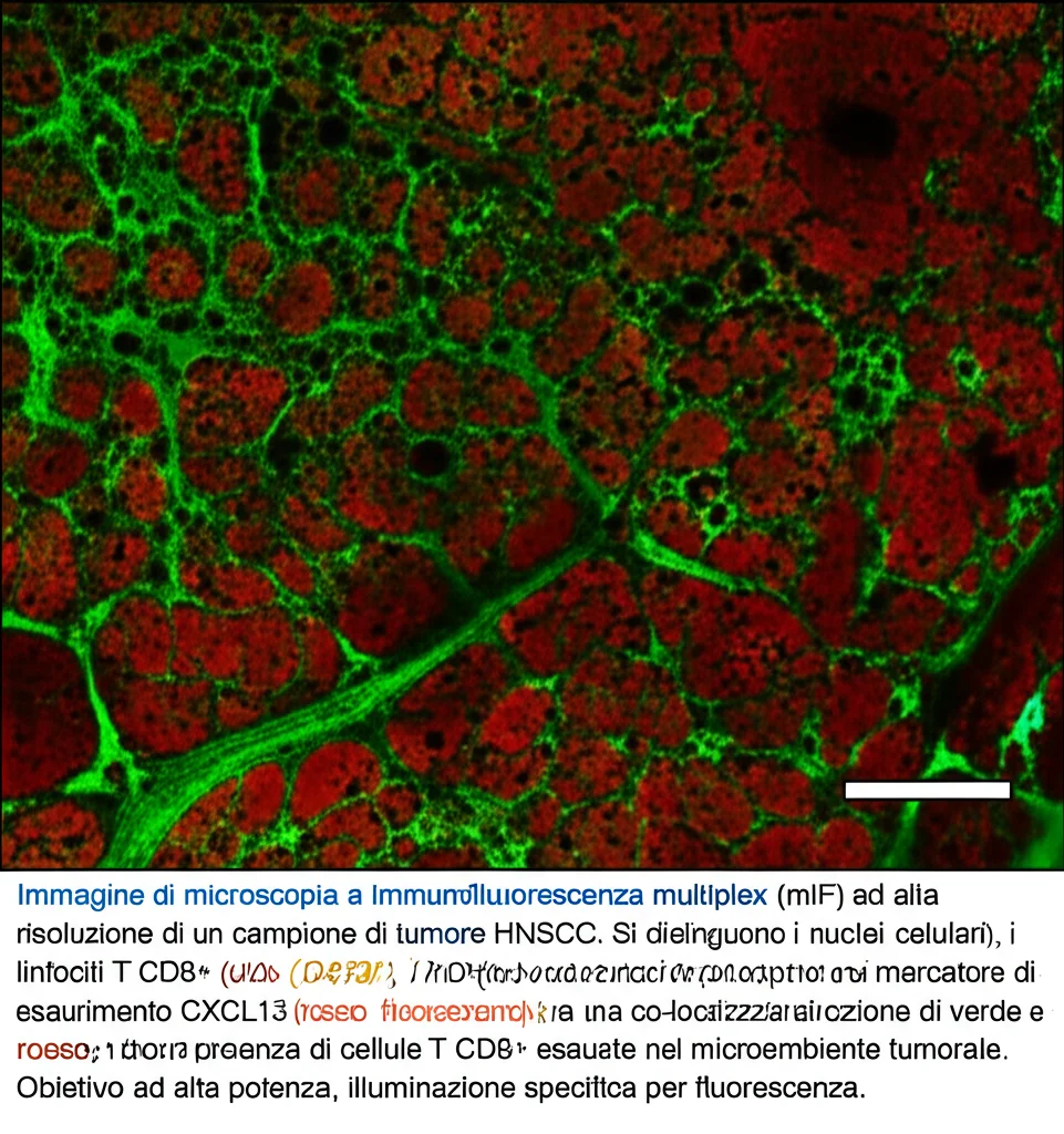 Immagine di microscopia a immunofluorescenza multiplex (mIF) ad alta risoluzione di un campione di tumore HNSCC. Si distinguono chiaramente i nuclei cellulari (blu, DAPI), i linfociti T CD8+ (verde fluorescente) e il marcatore di esaurimento CXCL13 (rosso fluorescente). L'immagine mostra una co-localizzazione di verde e rosso, indicando la presenza di cellule T CD8+ esauste nel microambiente tumorale. Obiettivo ad alta potenza, illuminazione specifica per fluorescenza.