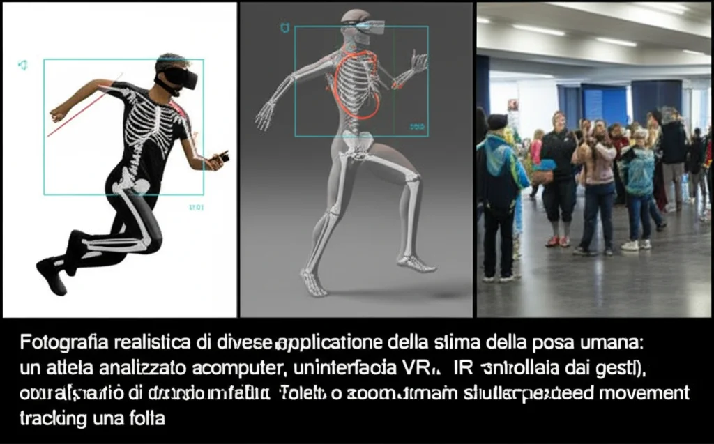 Fotografia realistica di diverse applicazioni della stima della posa umana: un atleta analizzato al computer, un'interfaccia VR controllata dai gesti, un sistema di sicurezza che monitora una folla. Teleobiettivo zoom 100mm, fast shutter speed, movement tracking.