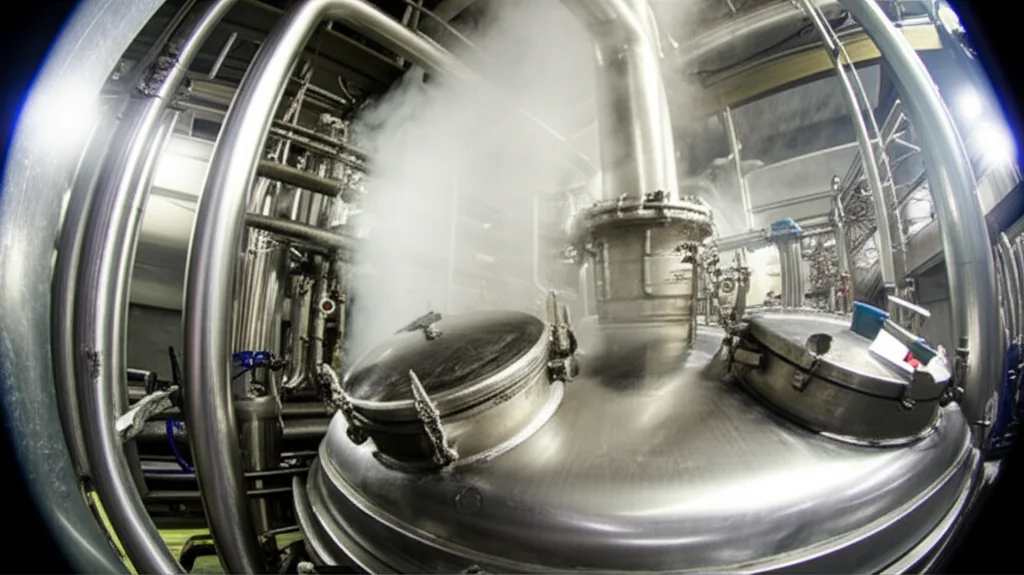Un bioreattore industriale in acciaio inossidabile in funzione, con tubi e valvole visibili, luce ambientale industriale, leggero vapore che sale, lente zoom 35mm, messa a fuoco nitida sul reattore.