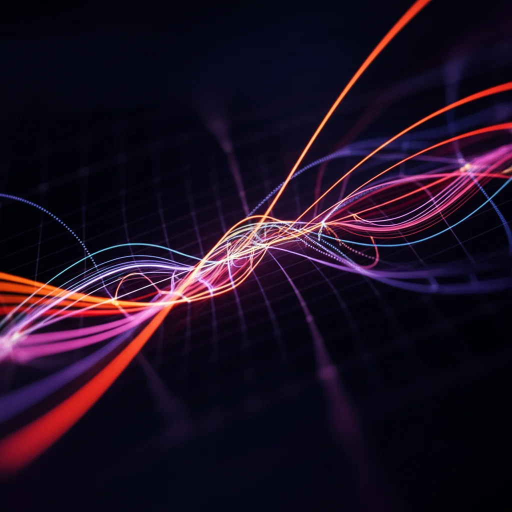 Rappresentazione stilizzata di curve di dati e grafici matematici che convergono verso un punto singolo su uno schermo digitale, obiettivo prime 35mm, profondità di campo, linee al neon luminose su sfondo scuro.