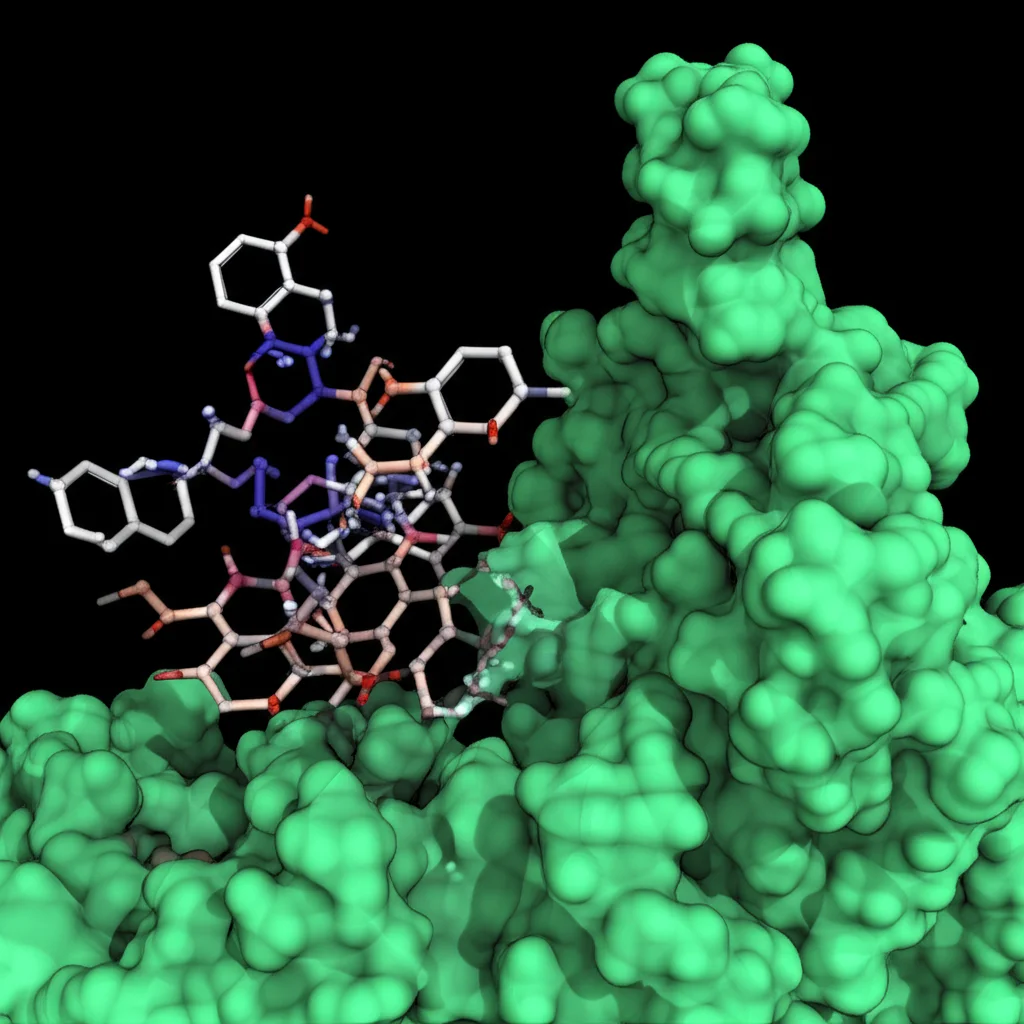 Visualizzazione 3D di una molecola indolica complessa che interagisce con la tasca di legame della proteina SIRT3. L'immagine mostra legami idrogeno e interazioni idrofobiche evidenziate con colori diversi. Stile fotorealistico, illuminazione controllata per enfatizzare i dettagli molecolari, lente macro 100mm, alta definizione.