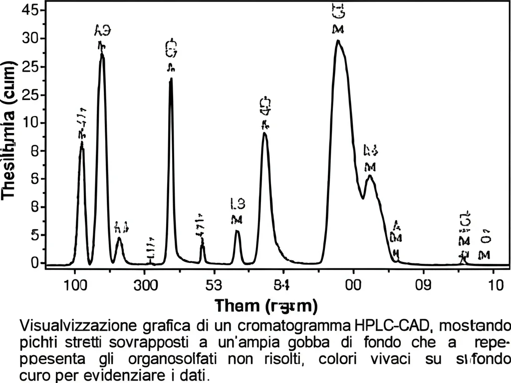 Visualizzazione grafica di un cromatogramma HPLC-CAD, mostrando picchi stretti sovrapposti a un'ampia gobba di fondo che rappresenta gli organosolfati non risolti, colori vivaci su sfondo scuro per evidenziare i dati.