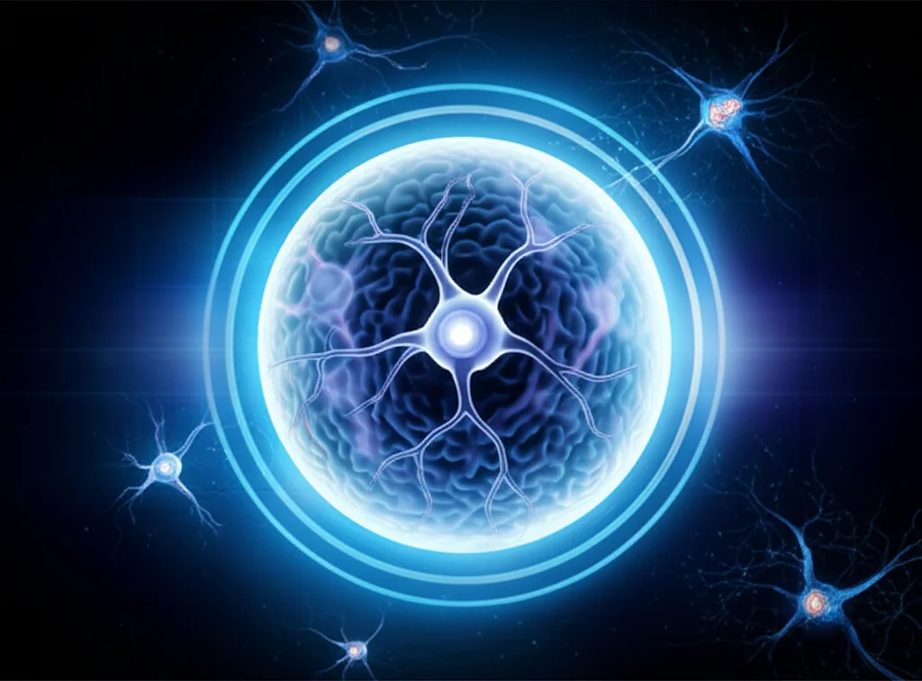 Immagine concettuale di neuroni sani e luminosi protetti da uno scudo energetico (rappresentante l'azione di SIRT3 e delle molecole indoliche) contro particelle scure e aggressive (rappresentanti ROS e stress ossidativo). Atmosfera di speranza e protezione. Stile fotorealistico con elementi astratti, illuminazione suggestiva.