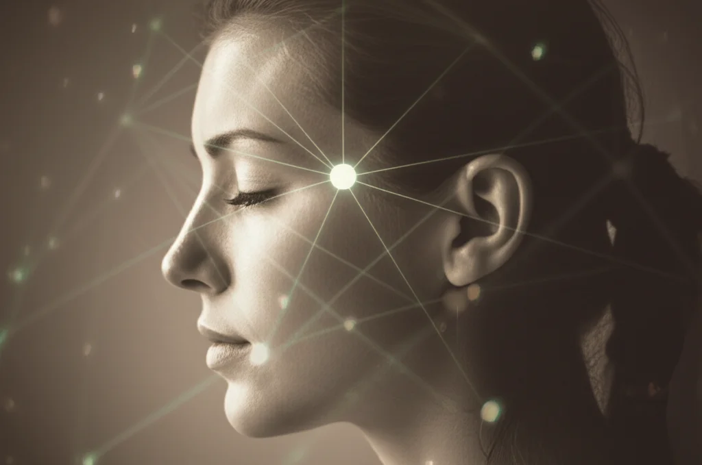 Ritratto fotografico di profilo di una persona con gli occhi chiusi, con sovrapposta una delicata rete luminosa che simboleggia le connessioni neurali nel cervello. Obiettivo 50mm, profondità di campo ridotta, toni caldi e neutri duotone, illuminazione soffusa.
