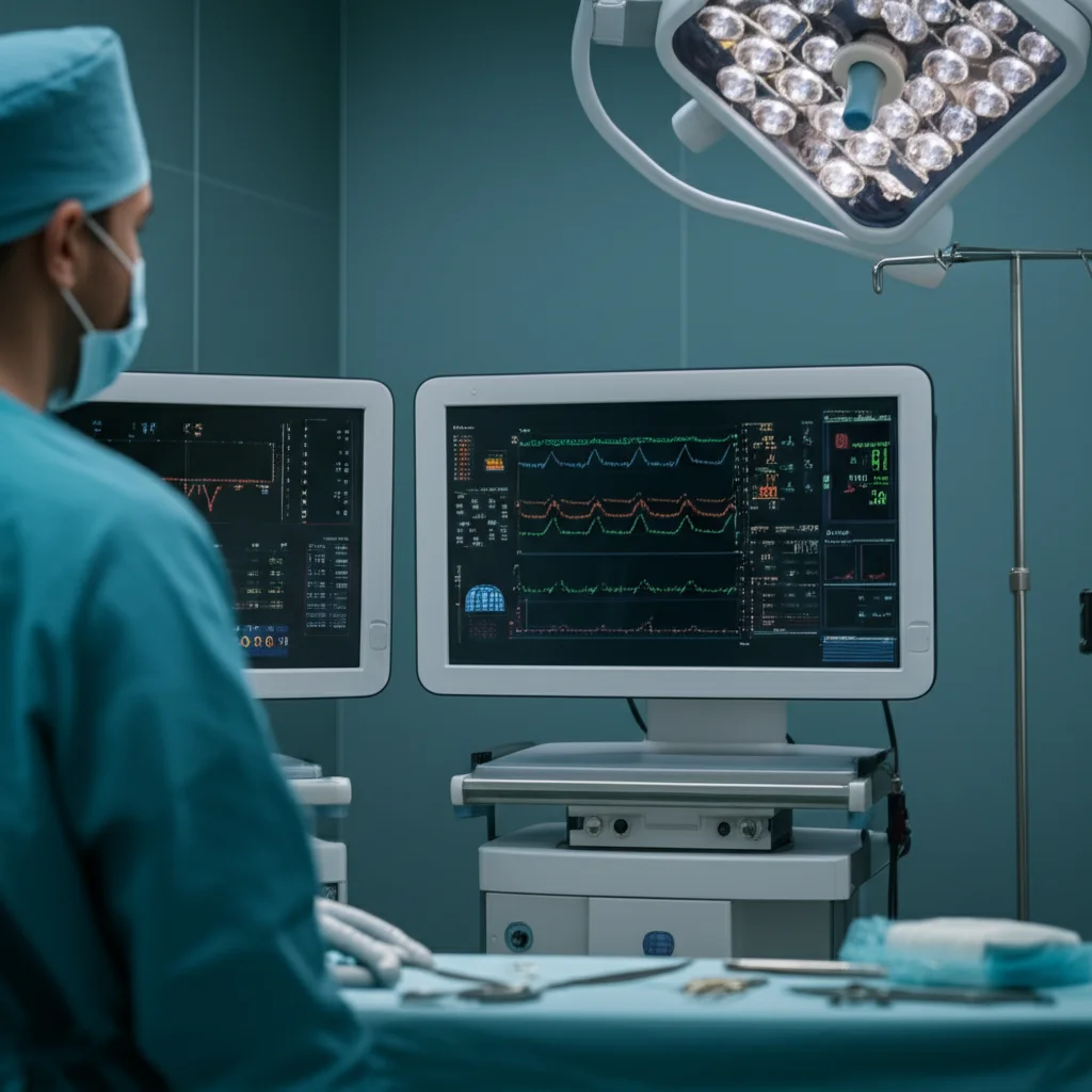 Fotografia realistica di una moderna sala operatoria, focus su uno schermo che mostra grafici di parametri vitali, obiettivo 50mm, illuminazione controllata, alta definizione dei dettagli sullo schermo.
