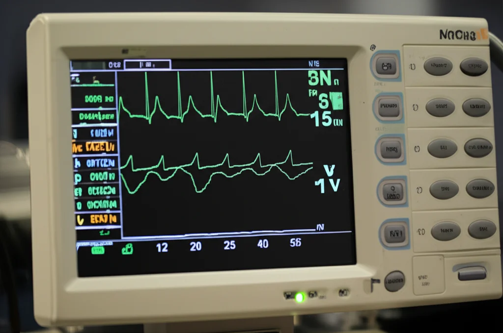 Macro fotografia di un display di una macchina per anestesia che mostra numeri e onde ECG, obiettivo macro 100mm, messa a fuoco precisa sui dati digitali, luce soffusa ambientale.