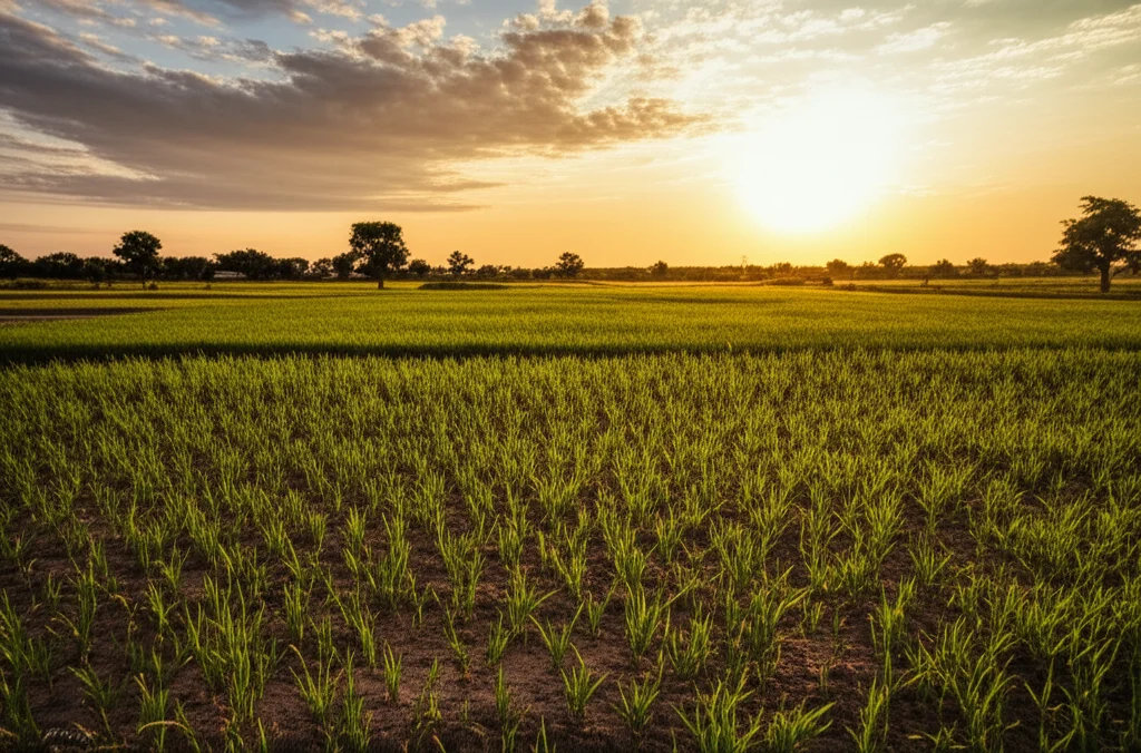 Scatto grandangolare di un paesaggio rurale nel Ghana settentrionale all'alba, campi coltivati in primo piano, obiettivo 15mm, messa a fuoco nitida, luce calda, lunga esposizione per nuvole soffuse.