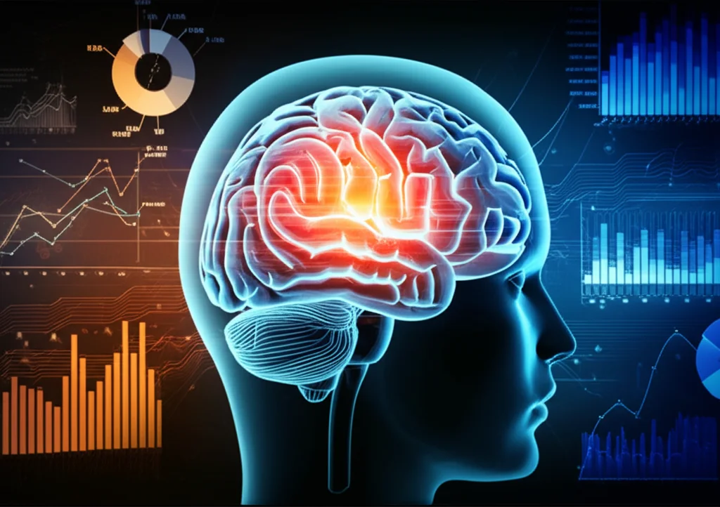 Visualizzazione astratta del cervello umano con aree illuminate che rappresentano l'ictus ischemico, sovrapposta a grafici di dati bioinformatici luminosi e fluttuanti. Obiettivo prime 35mm, profondità di campo per mettere a fuoco i dati in primo piano, toni blu freddo e arancione caldo duotone per rappresentare la condizione patologica e l'analisi dei dati, illuminazione controllata e drammatica.