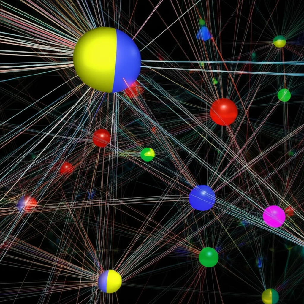 Rappresentazione artistica di una rete proteica complessa (PPI network) con nodi luminosi di diverse dimensioni che rappresentano i geni hub come IL7R e ADM al centro. Obiettivo macro 80mm per dettagli fini, alto dettaglio sui nodi centrali, messa a fuoco precisa, sfondo scuro e astratto per enfatizzare la rete, colori vivaci per i nodi e le connessioni.