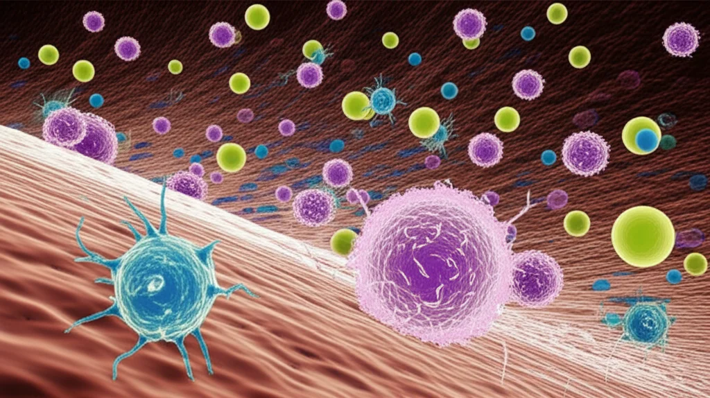 Micrografia stilizzata ma fotorealistica di diverse cellule immunitarie (neutrofili, macrofagi M0, linfociti T) che interagiscono in un vaso sanguigno o nel tessuto cerebrale colpito da ictus. Obiettivo macro 100mm per catturare i dettagli cellulari, alto dettaglio, illuminazione drammatica controllata per evidenziare le cellule chiave, colori distinti per i diversi tipi cellulari.