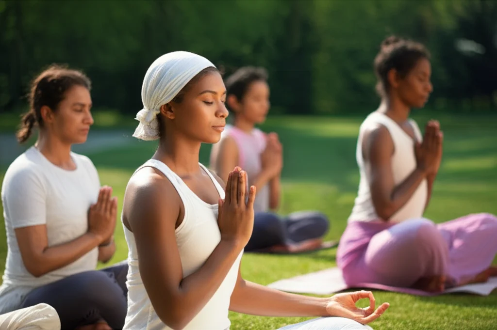 Diverse persone di varie etnie e età in meditazione o preghiera silenziosa in un contesto globale sereno, fotografia stile ritratto, obiettivo 35mm, profondità di campo.