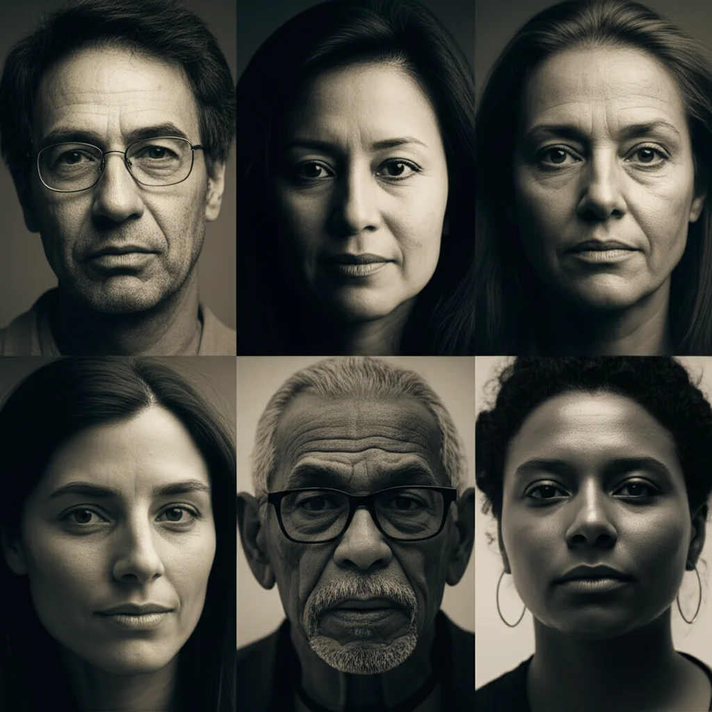 Collage di volti di persone adulte di diverse culture (asiatica, africana, europea, sudamericana) che riflettono o pregano, fotografia stile ritratto, obiettivo 50mm, duotono seppia e blu.