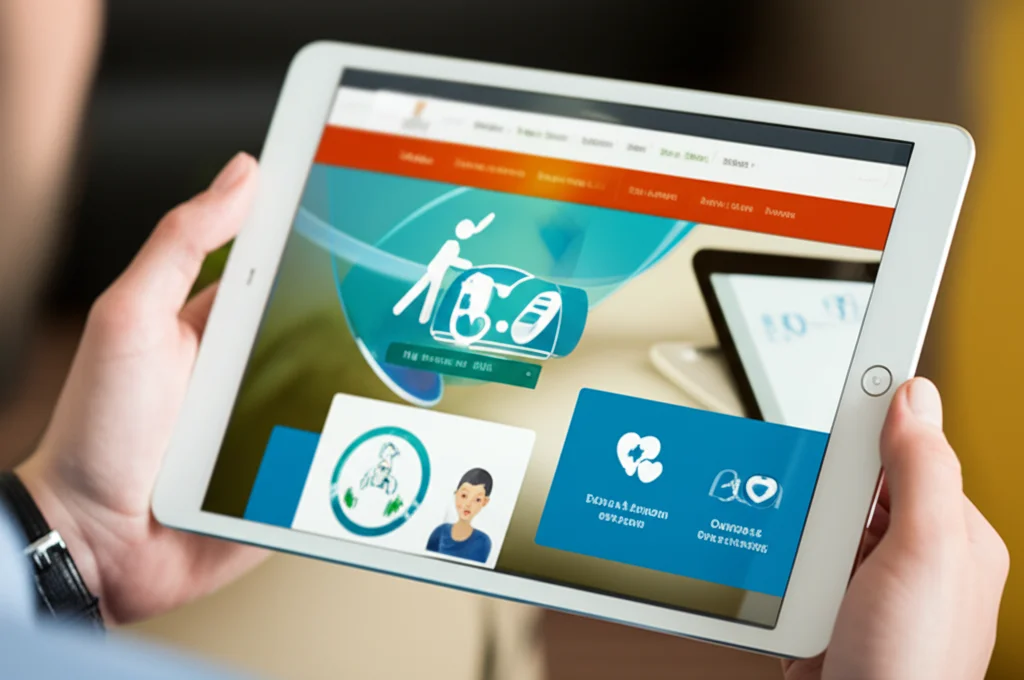 Immagine macro di uno schermo di tablet che mostra un'interfaccia web colorata e user-friendly con icone relative alla salute e al supporto. Obiettivo macro 100mm, alta definizione, focus preciso sullo schermo, illuminazione controllata per evitare riflessi, lo sfondo è sfocato ma suggerisce un ambiente domestico confortevole.
