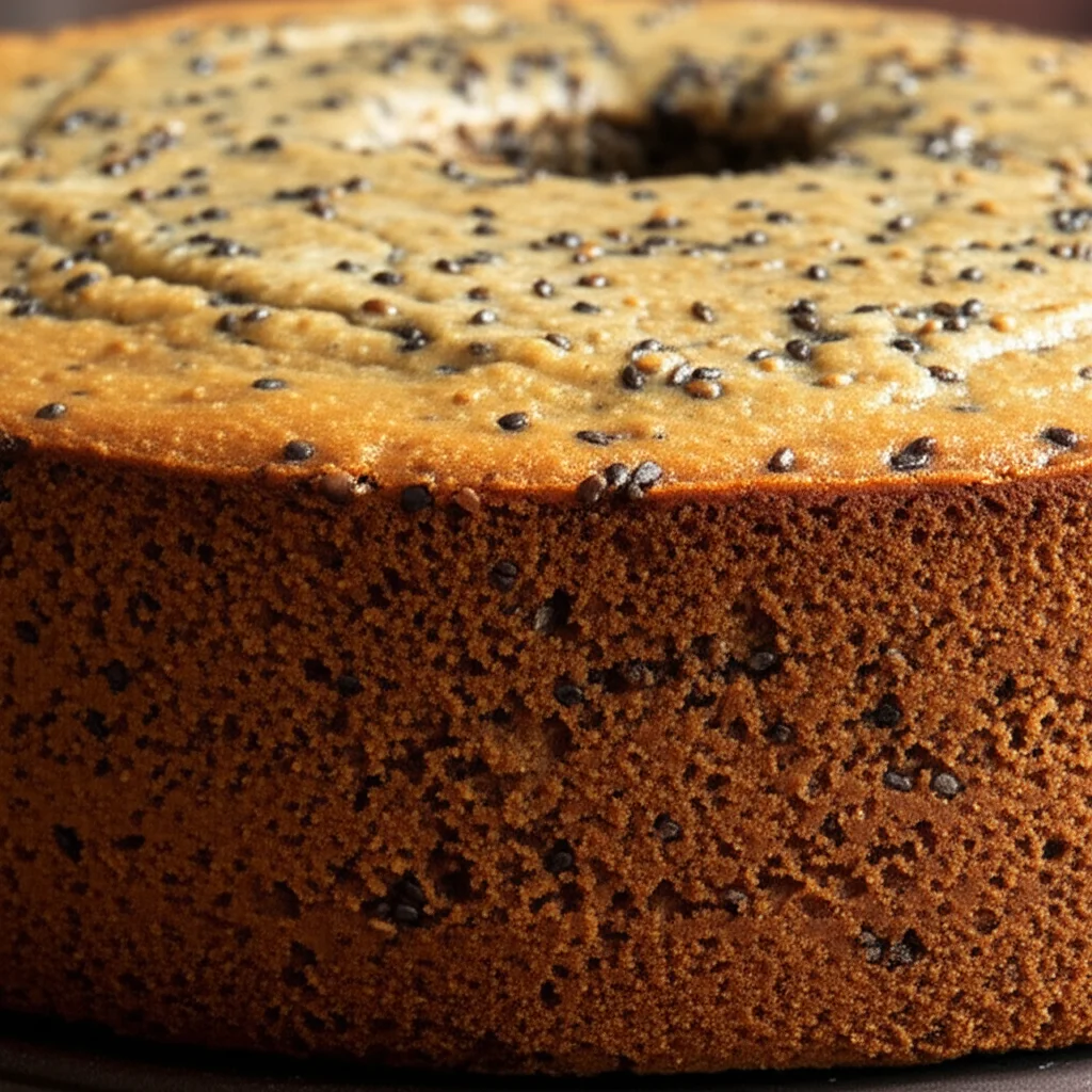 Macro shot fotorealistico di una fetta di torta senza glutine preparata con farina di chia e lenticchie, obiettivo macro 100mm, alta definizione, illuminazione controllata, che mostra la mollica soffice con i semi di chia visibili.