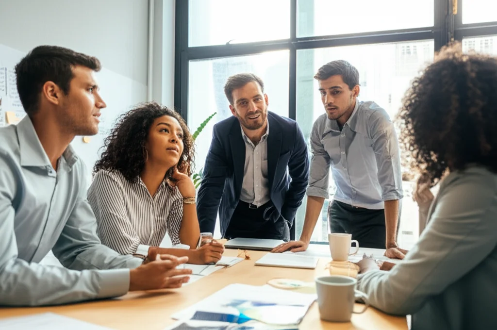 Fotografia stile documentario di un piccolo gruppo di imprenditori diversi che discutono animatamente attorno a un tavolo in un ufficio modesto ma luminoso, rappresentando il capitale sociale e la collaborazione nelle PMI. Obiettivo 35mm, profondità di campo ridotta per focalizzare sull'interazione umana, luce naturale.