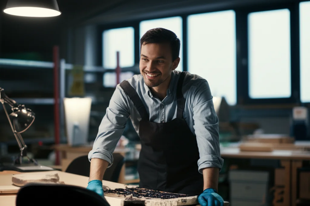 Fotografia grandangolare di un moderno e pulito laboratorio artigianale o piccola fabbrica, con un lavoratore che sorride guardando un prodotto innovativo illuminato da luce naturale, rappresentando la creazione di valore tramite l'IA. Obiettivo 24mm, focus nitido, atmosfera positiva e di crescita.