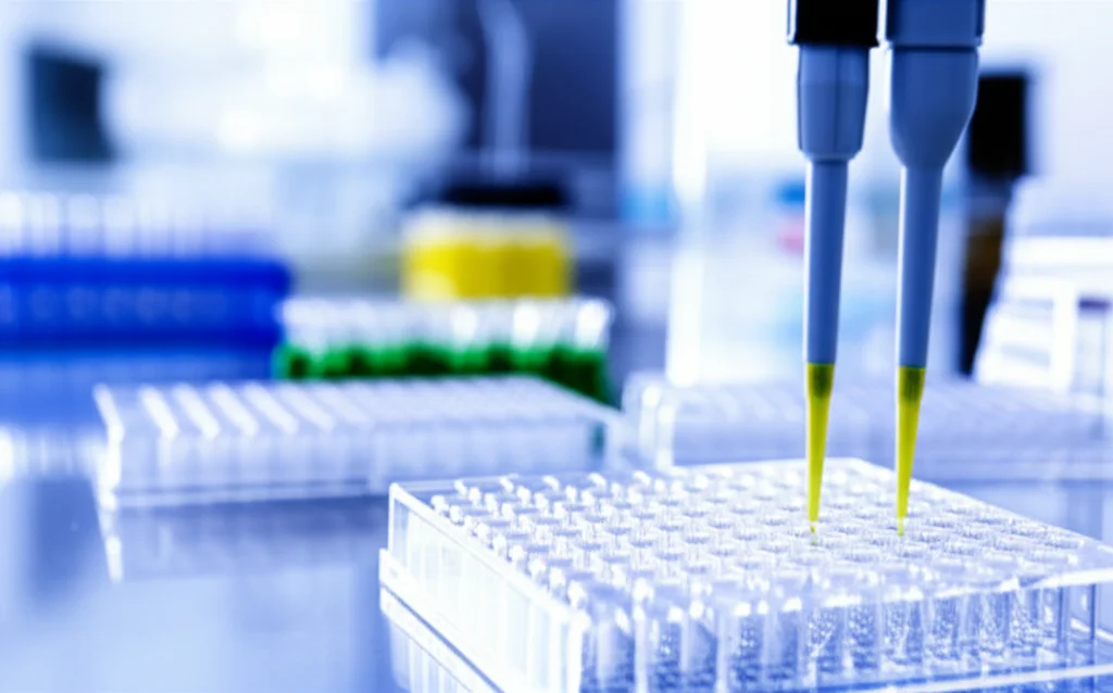 Immagine di laboratorio con piastre ELISA a 96 pozzetti in primo piano, una pipetta multicanale che aggiunge reagenti, sfocatura dello sfondo con altre attrezzature da laboratorio, illuminazione da laboratorio brillante ma controllata, obiettivo 35mm.