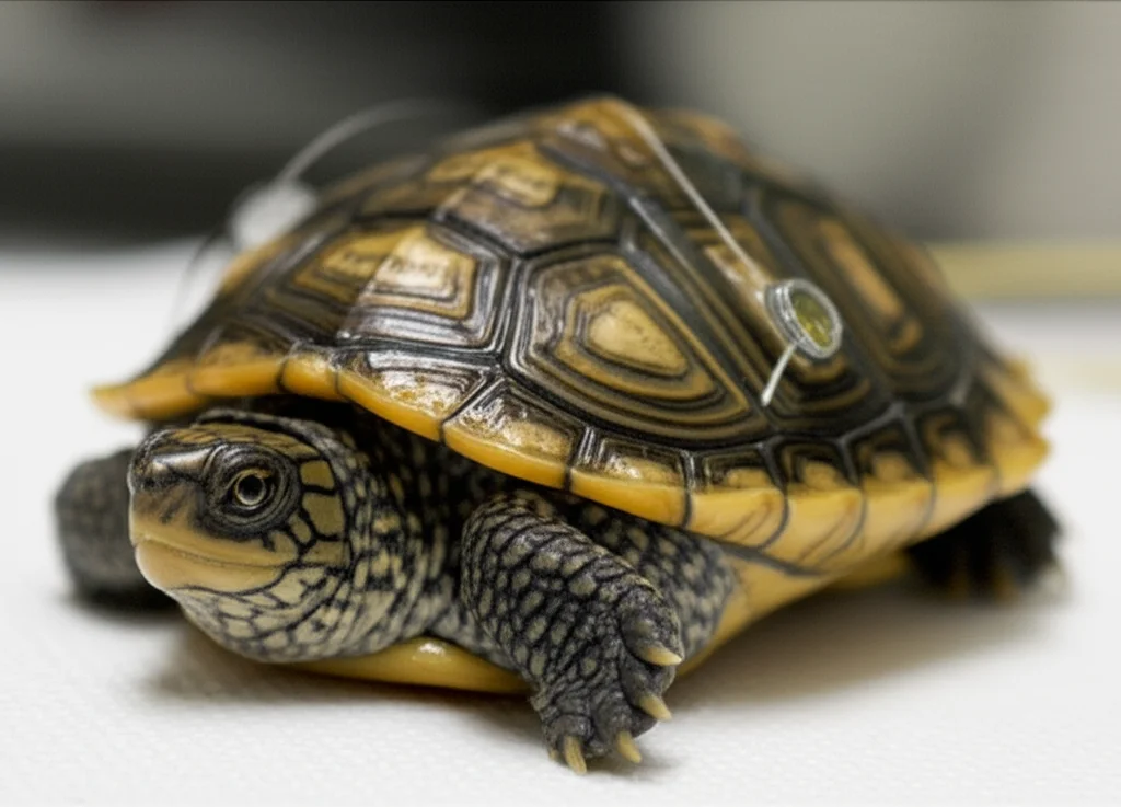 Fotografia macro di un piccolo di tartaruga Kinosternon scorpioides con elettrodi ECG miniaturizzati attaccati delicatamente al piastrone inferiore, all'interno di un ambiente di laboratorio con illuminazione controllata. L'immagine ha un'alta definizione e una messa a fuoco precisa sugli elettrodi e sulla texture del guscio della tartaruga, catturata con un obiettivo macro da 100mm.