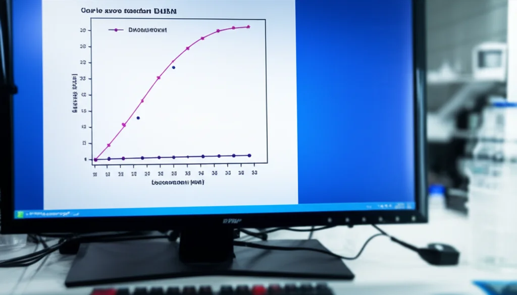 Grafico di una curva standard ELISA con punti dati e una linea di regressione, visualizzato su uno schermo di computer in un ambiente di laboratorio. Dettagli nitidi sul grafico, sfondo leggermente sfocato, obiettivo 50mm, luce ambientale da laboratorio.
