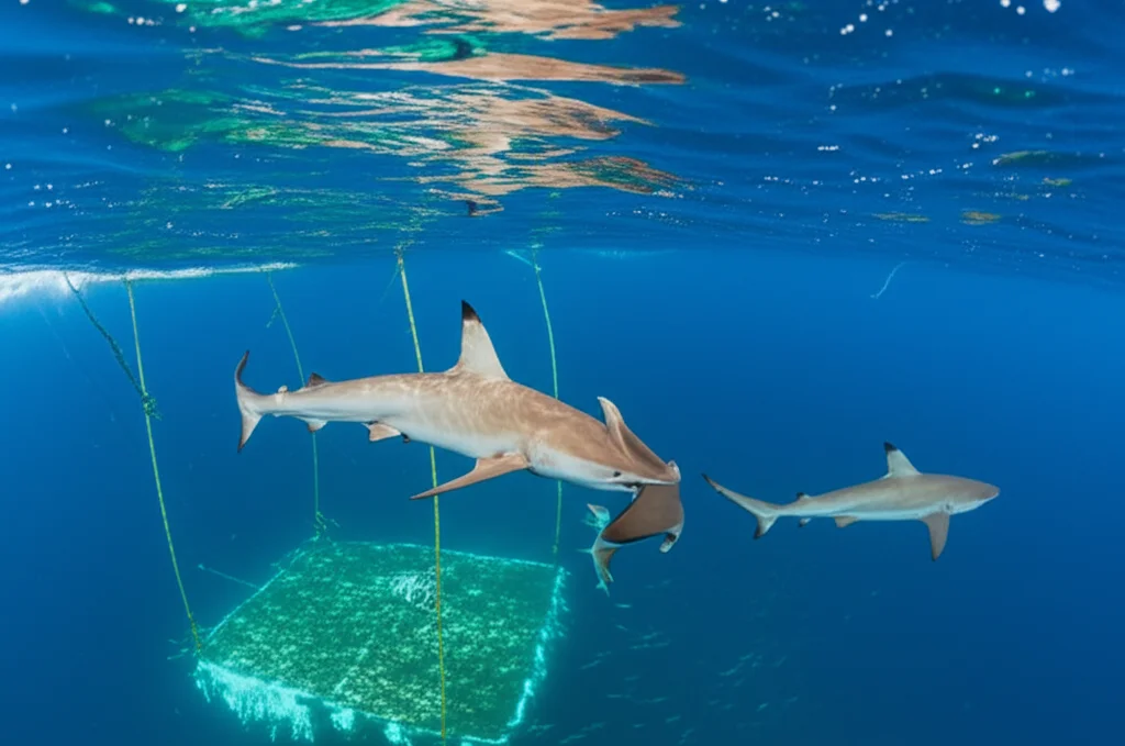 Fotografia subacquea realistica 'split-shot' che mostra giovani Squali Seta che nuotano vicino a un Dispositivo di Aggregazione del Pesce (FAD) artificiale sotto la superficie, mentre uno Squalo Seta adulto più grande nuota nelle acque blu più profonde. Obiettivo grandangolare, 18mm, messa a fuoco nitida, visibilità dell'acqua chiara.