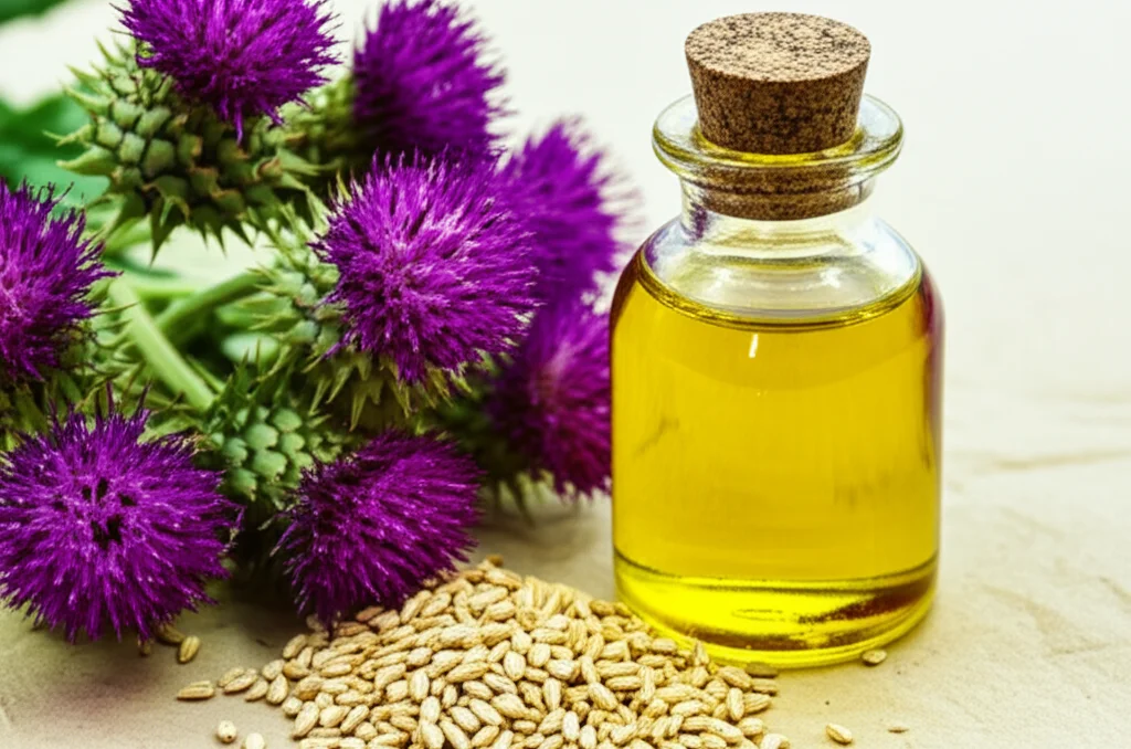 Fotografia still life, lente macro 100mm, che mostra capolini maturi di cartamo della varietà Goldasht, pieni di semi. Accanto, alcuni semi sfusi e una piccola ampolla contenente olio di cartamo dorato. Illuminazione controllata, alta definizione, focus sui semi e sulla ricchezza dell'olio.