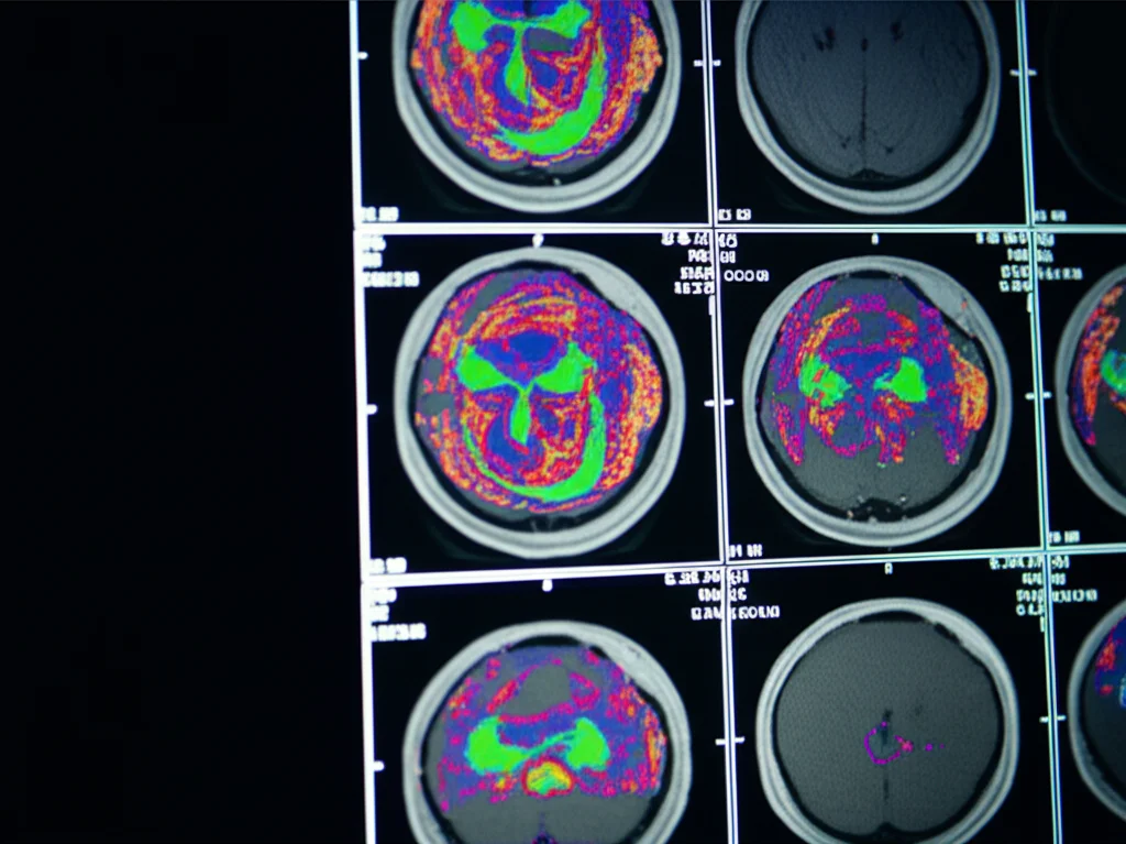 Primo piano di uno schermo medico che mostra mappe colorate di perfusione cerebrale (CTP), evidenziando aree con flusso sanguigno ridotto nel tronco encefalico. Macro lens, 85mm, illuminazione controllata da studio, alto dettaglio, colori vividi su sfondo scuro.