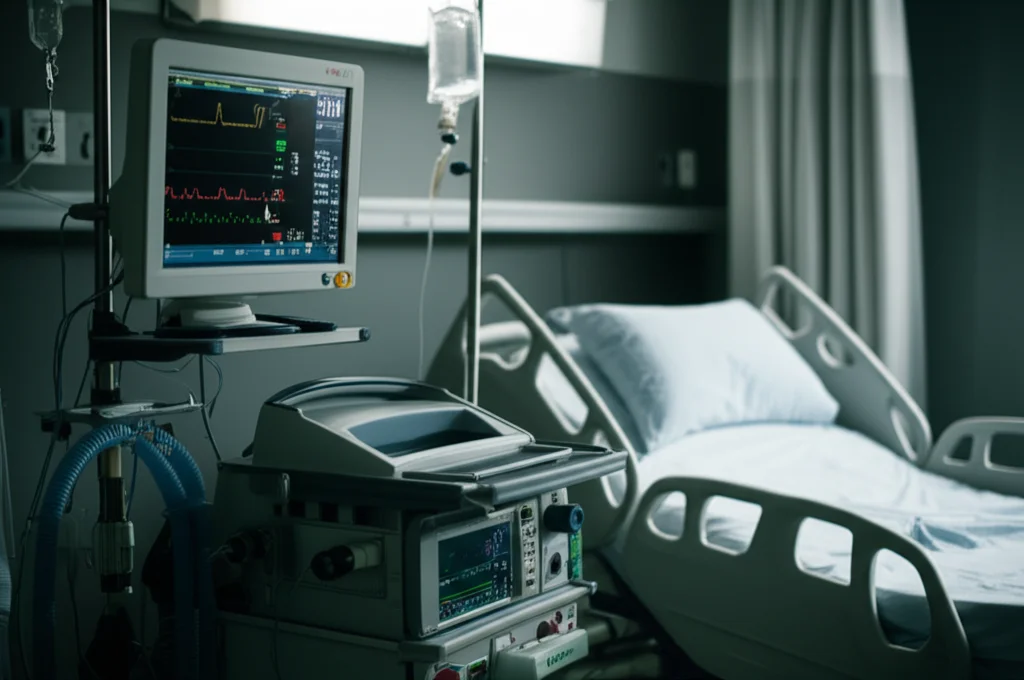 Fotografia di una sala di terapia intensiva neurologica, focus su un monitor con parametri vitali e un ventilatore accanto a un letto d'ospedale. Luce soffusa, atmosfera seria ma di cura intensiva. Telephoto zoom, 150mm, profondità di campo ridotta per isolare il letto.