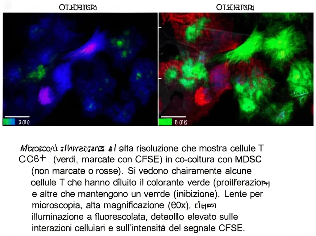 Microscopia a fluorescenza ad alta risoluzione che mostra cellule T CD8+ (verdi, marcate con CFSE) in co-coltura con MDSC (non marcate o rosse). Si vedono chiaramente alcune cellule T che hanno diluito il colorante verde (proliferazione) e altre che mantengono un verde intenso (inibizione). Lente per microscopia, alta magnificazione (60x), illuminazione a fluorescenza controllata, dettaglio elevato sulle interazioni cellulari e sull'intensità del segnale CFSE.