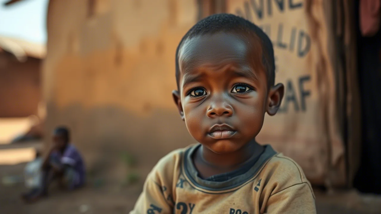 Un bambino etiope dall'aspetto pensieroso ma resiliente, seduto fuori da una semplice abitazione rurale nella regione di Oromia, Etiopia. Luce naturale pomeridiana. Obiettivo prime 35mm, profondità di campo ridotta per sfocare leggermente lo sfondo. Fotografia a colori naturali ma leggermente desaturati.