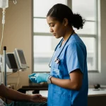 A compassionate intern nursing student carefully checking a patient's vitals in a bright, modern hospital room. The student shows a mix of concentration and care. Prime lens, 35mm, depth of field, with warm, inviting lighting to convey hope and dedication in the nursing profession.