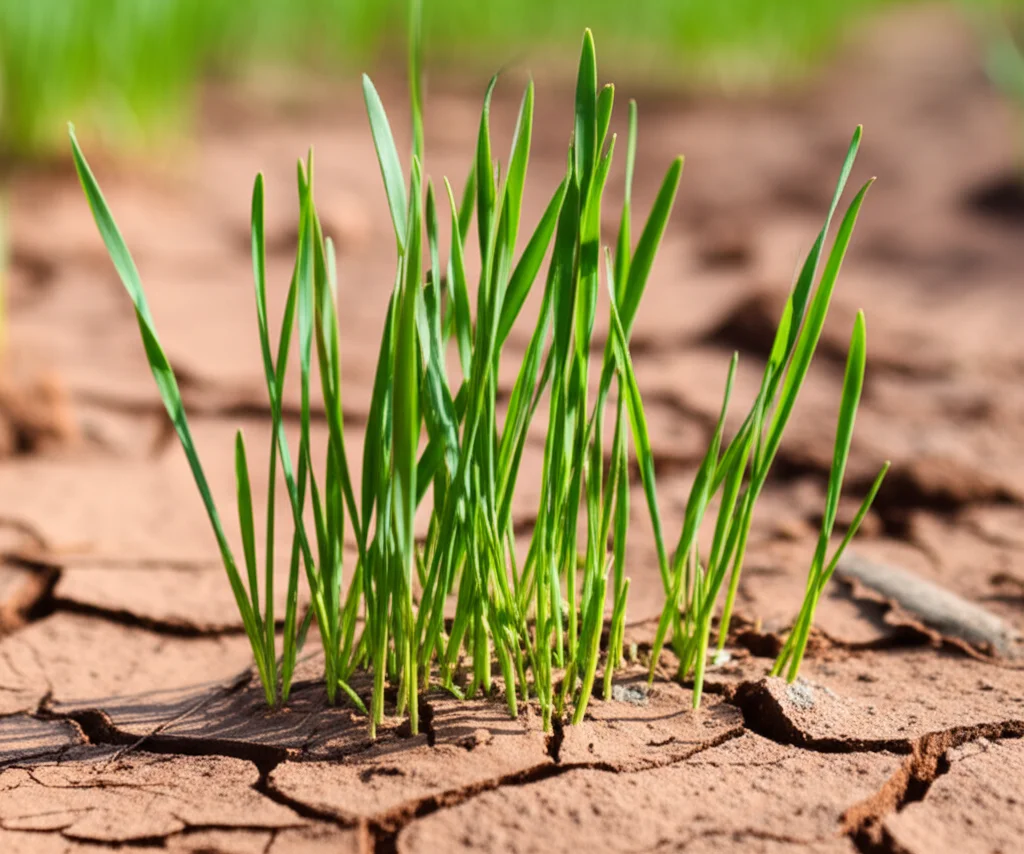 Macro lens, 80mm, high detail, precise focusing, controlled lighting: A close-up shot of vibrant green perennial ryegrass seedlings pushing through cracked, dry soil in a rocky Karst-like environment, illustrating resilience against drought.