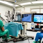Photorealistic image of a robotic surgery training setup with a dual console, showing a trainee and specialist, wide-angle lens 24mm, depth of field.