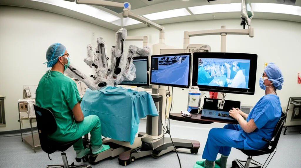 Photorealistic image of a robotic surgery training setup with a dual console, showing a trainee and specialist, wide-angle lens 24mm, depth of field.
