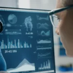 Photorealistic image of a scientist analyzing complex data on a screen, representing proteomic analysis in diabetic kidney disease research. Use a macro lens, 60mm, high detail, precise focusing, controlled lighting.