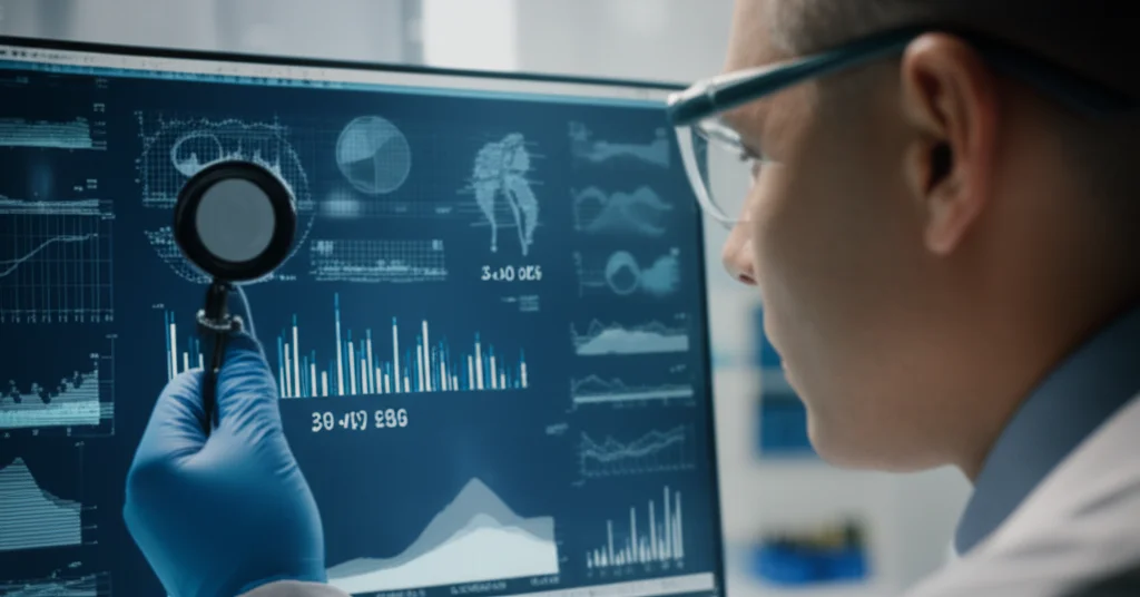 Photorealistic image of a scientist analyzing complex data on a screen, representing proteomic analysis in diabetic kidney disease research. Use a macro lens, 60mm, high detail, precise focusing, controlled lighting.