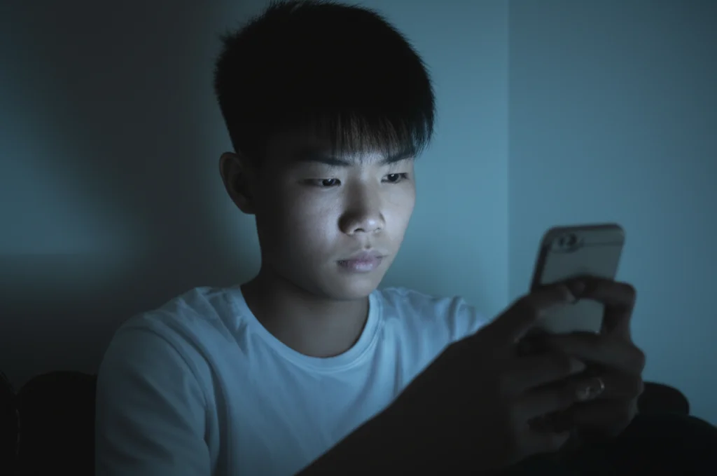 Primo piano di un adolescente cinese seduto da solo in una stanza poco illuminata, il viso illuminato solo dalla luce dello schermo dello smartphone che tiene in mano, espressione malinconica. Fotografia ritratto, obiettivo 35mm, profondità di campo ridotta, toni blu e grigi duotone.